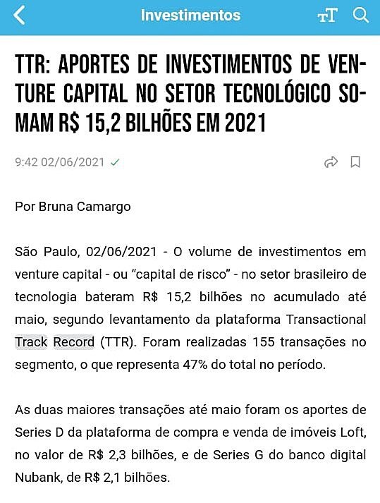 TTR: Aportes de investimentos de venture capital no setor tecnolgico somam R$ 15,2 bilhes em 2021
